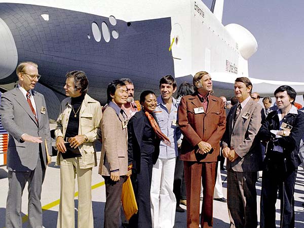 NASA's orbiter Enterprise is greeted by members of the original Star Trek cast in 1976 at the Palmdale manufacturing facilties.