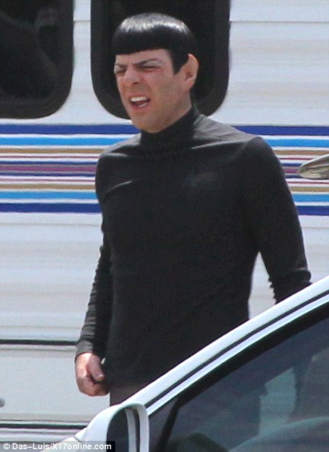 Zachary Quinto as Spock on set filming the Star Trek sequel