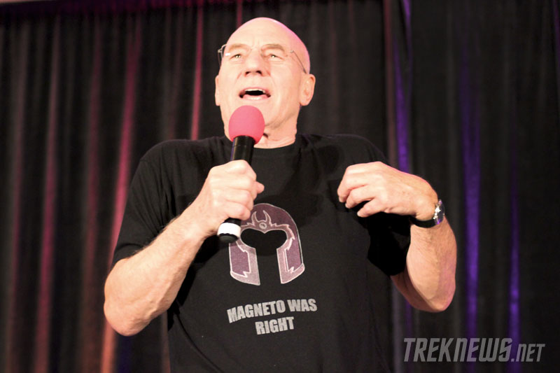 Patrick Stewart wearing his "Magneto was right" t-shirt