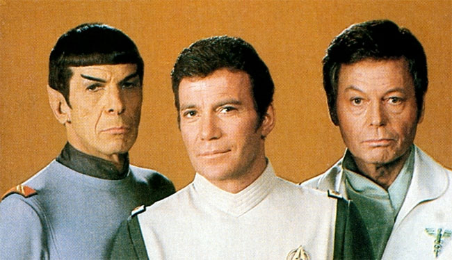 Nimoy, Shatner, and Kelley in 1979 pose for a Star Trek: The Motion Picture publicity shot