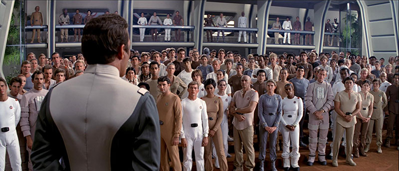 Admiral Kirk addressing the crew about their mission