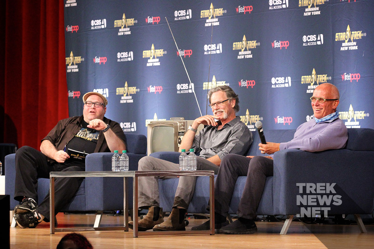 Jordan Hoffman, on stage with Bruce Greenwood and Peter Weller at Mission New York in 2016