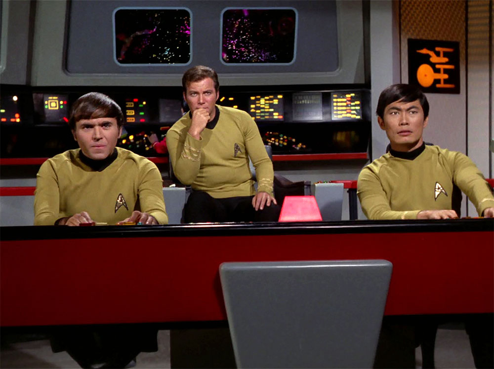 Walter Koenig, William Shatner and George Takei on the bridge of the Enterprise in The Original Series (photo: CBS Home Entertainment)