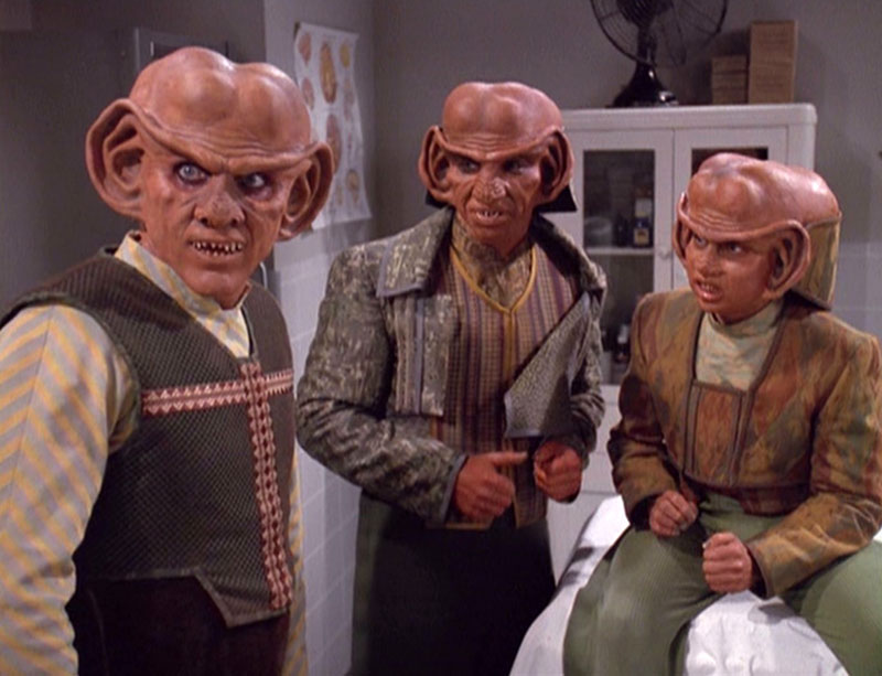 Shimerman as Quark, along with Max Grodénchik as Rom and  Aron Eisenberg as Nog on DS9