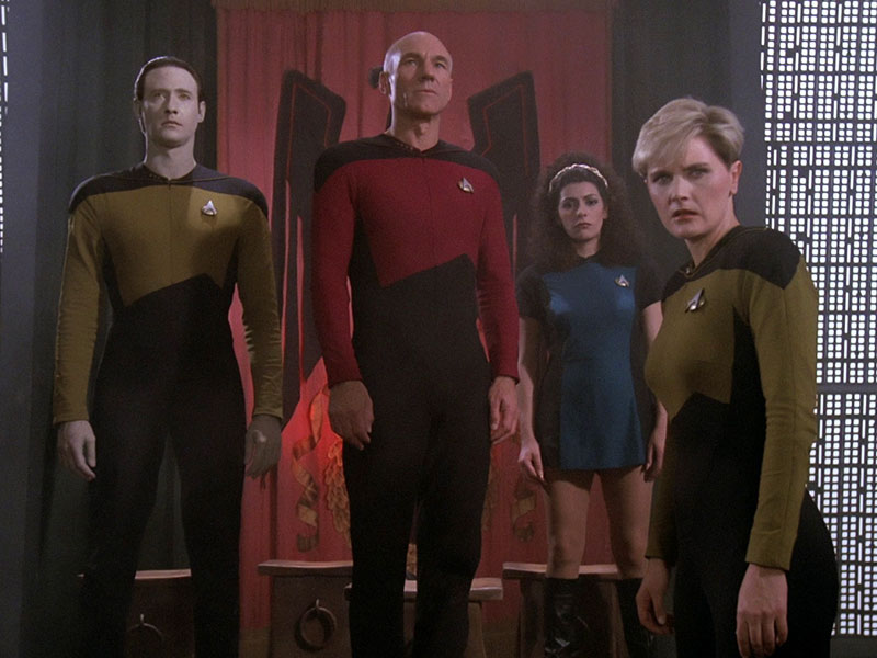 Brent Spiner as Data, Patrick Stewart as Jean-Luc Picard, Marina Sirtis as Deanna Troi and Denise Crosby as Tasha Yar in TNG's premiere episode 