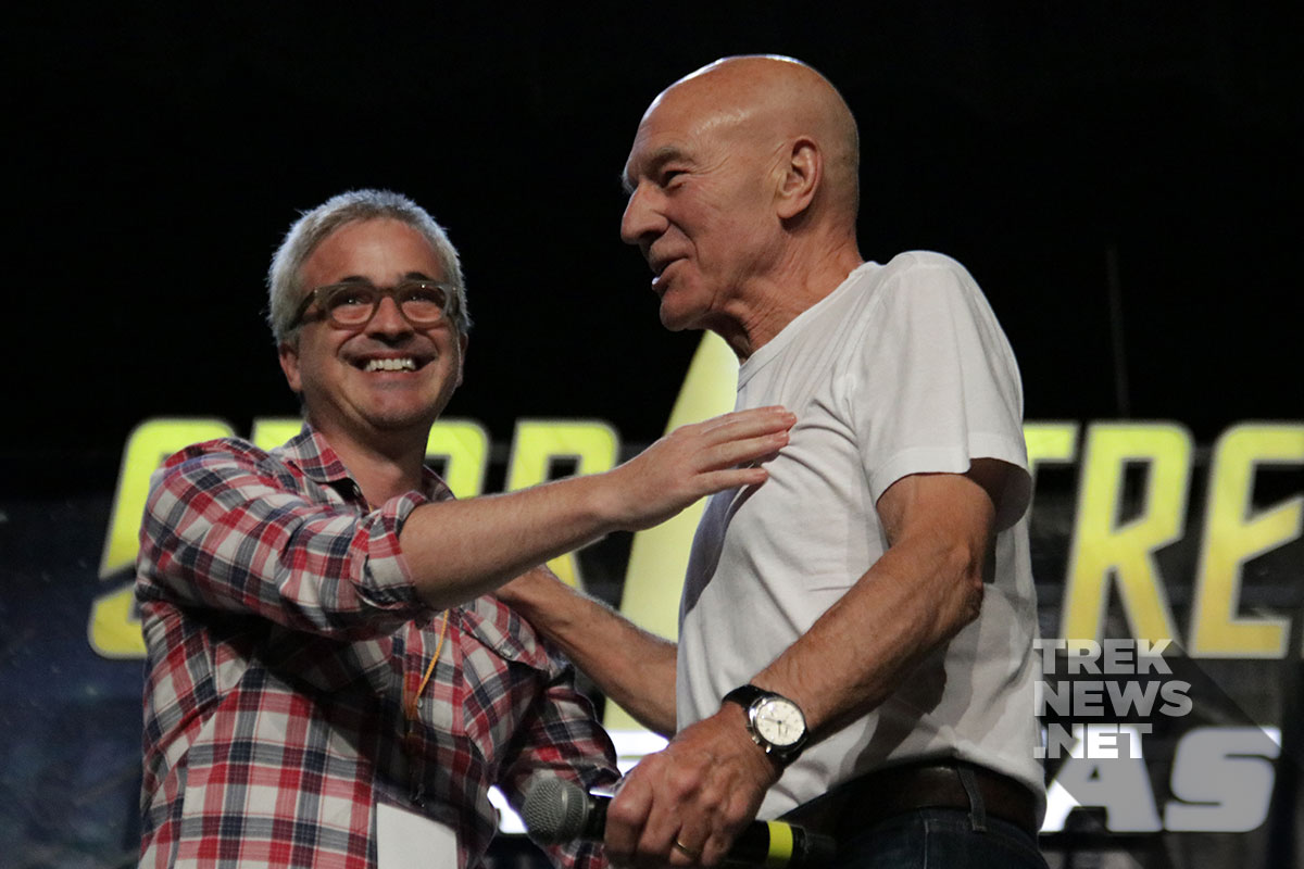 Alex Kurtzman and Patrick Stewart on stage at Star Trek Las Vegas prior to the announcement of a new Picard-led Star Trek series