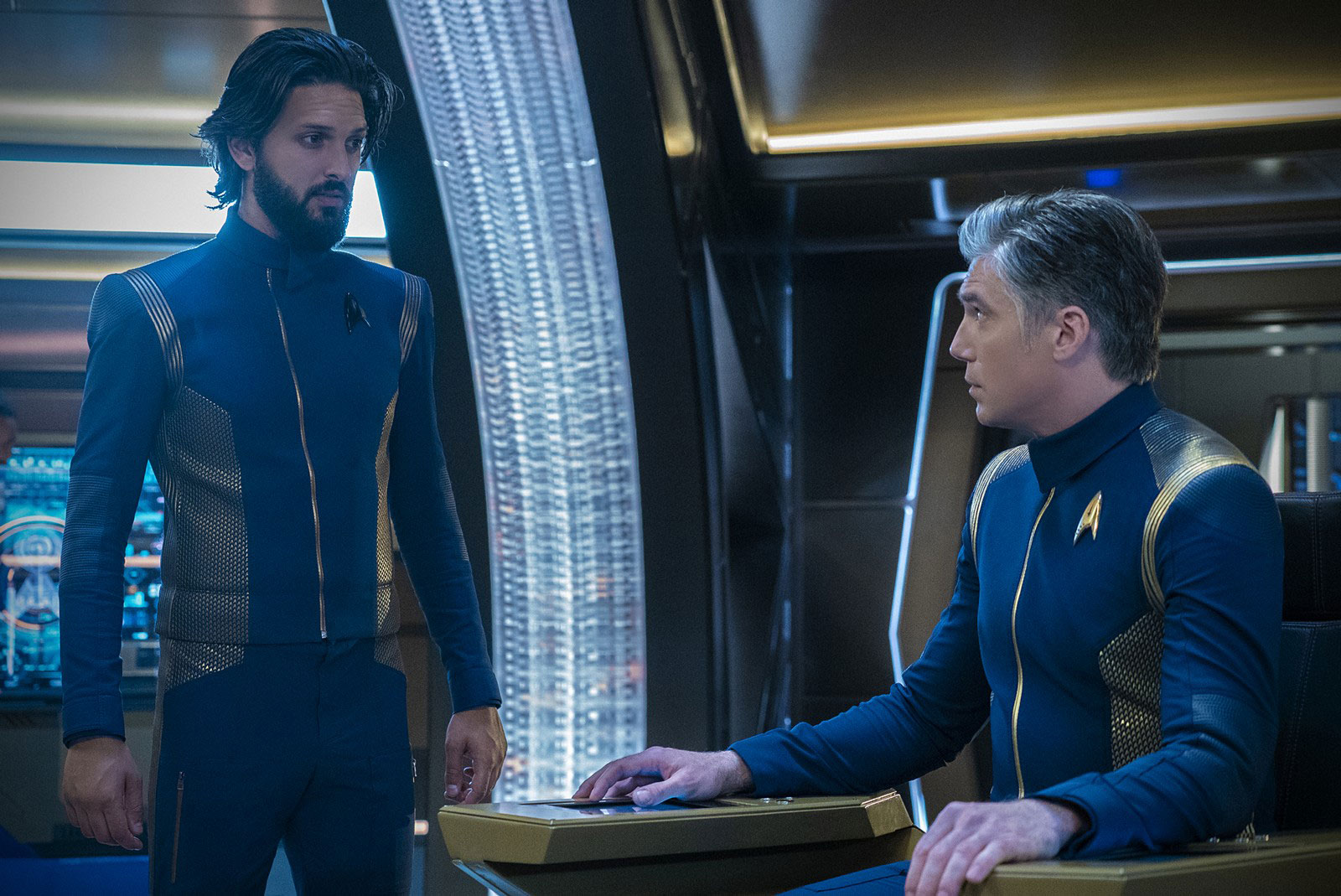 Shazad Latif as Ash Tyler and Anson Mount as Christopher Pike