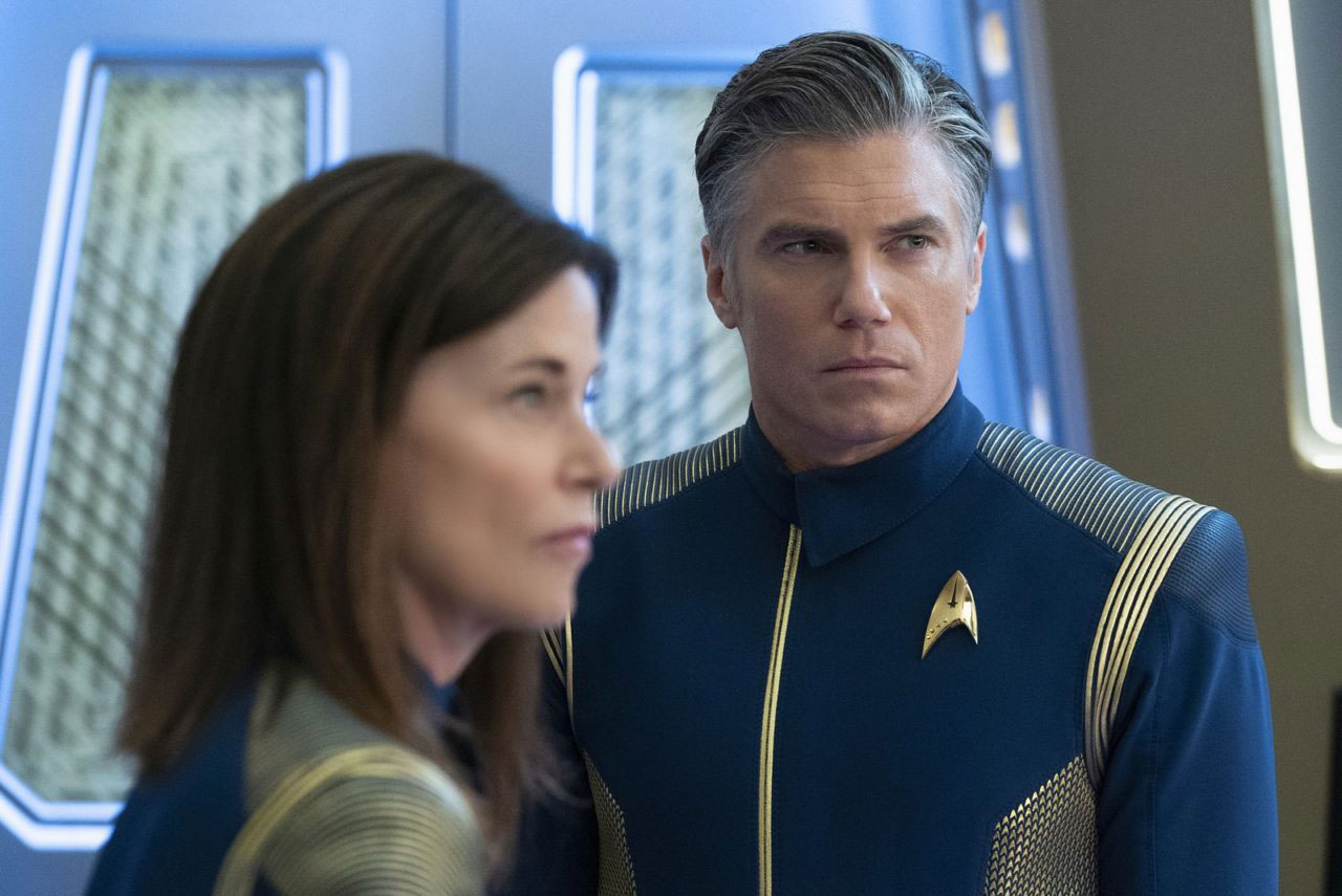 Jayne Brook as Admiral Katrina Cornwell and Anson Mount as Captain Christopher Pike