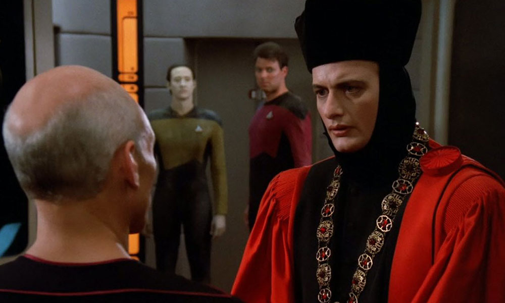 A scene from the TNG pilot "Encounter at Farpoint" which was co-written by Fontana